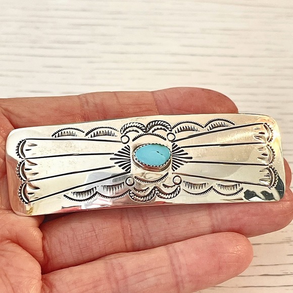 Navajo Hair Barrette Turquoise 3in Large Handmade Stamped Sterling Ornament Clip